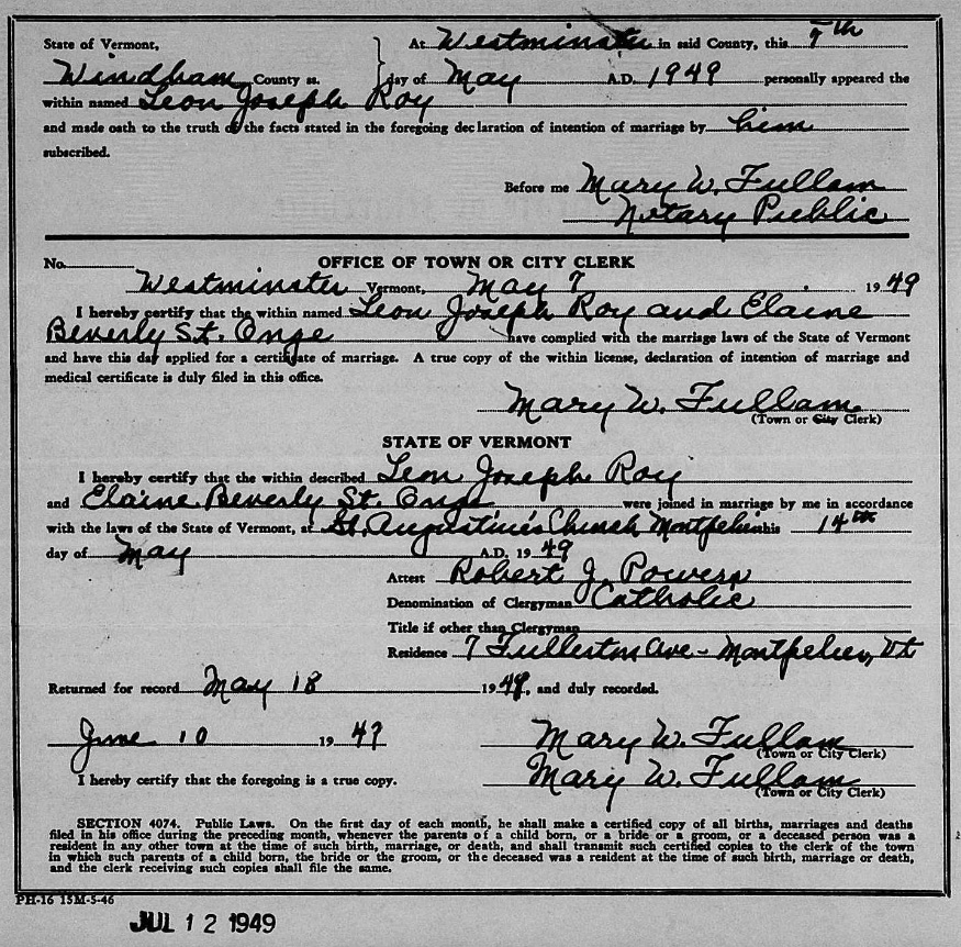Leon and Elaine Roy Marriage Certificate
